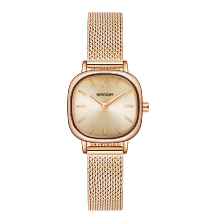SANDA P1098 Simple Bar Scale Oval Dial Quartz Watch for Women(Mesh Belt Rose Gold)