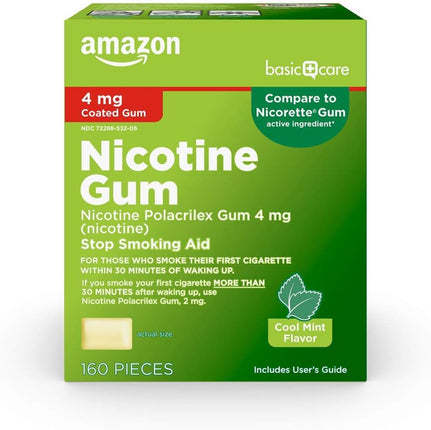 Amazon Basic Care Nicotine Polacrilex Coated Gum, 4 mg (Nicotine), Cool Mint Flavor, Stop Smoking Aid, 160 Count