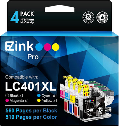 E-Z Ink Pro LC401 Compatible Ink Cartridges Replacement for Brother LC401XL LC 401 XL to use with MFC-J1010DW MFC-J1012DW MFC-J1170DW (Black Cyan Magenta Yellow, 4 Pack)