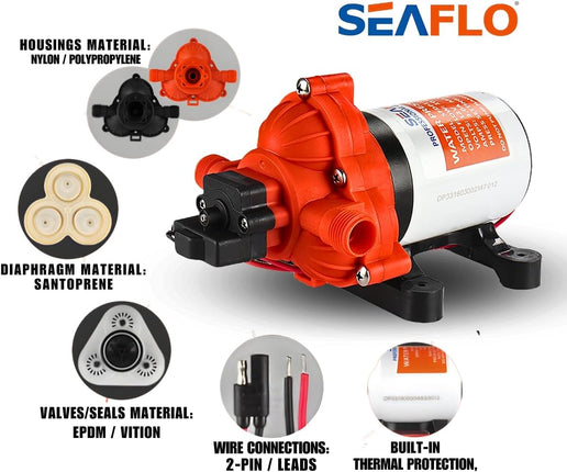 SEAFLO Water Diaphragm Self Priming Pump 3.0 Gallons/min (10.6 Lpm) 45 PSINew Rv/Marine 12 Volt Dc / 12 V Demand Fresh