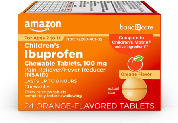 Amazon Basic Care Children's Ibuprofen Chewable Tablets, 100 mg, Pain Reliever and Fever Reducer, Orange Flavor, For Aches, Pains, Sore Throat, Toothache and Headache Relief,