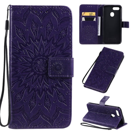 For OPPO A7 / A5s Pressed Printing Sunflower Pattern Horizontal Flip PU Leather Case (Purple)