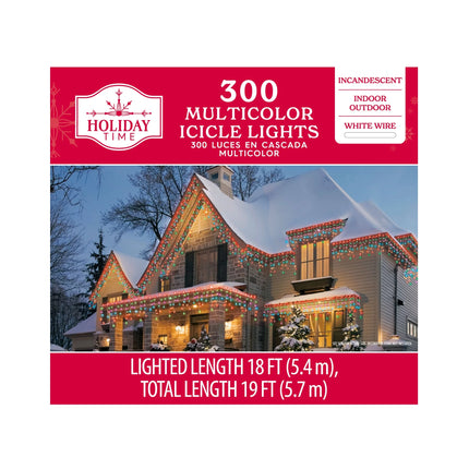 300-Count Multicolor Incandescent Icicle Christmas Lights with White Wire, 19', Holiday Time