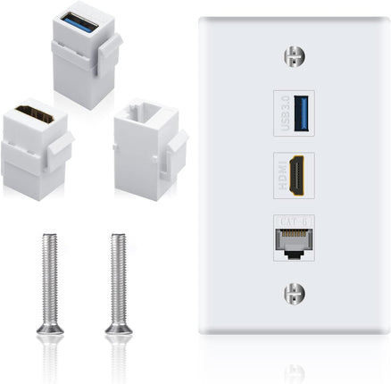 Poyiccot HDMI RJ45 Wall Plate, 3Port HDMI USB Outlet Wall Plate, White
