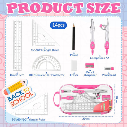 Kisston 14 Packs Compass Protractor Set Math Geometry Kit Sets 10 Pieces Storage Box Geometry Set 10 Pieces Includes Rulers, Protractor, Compass, Eraser, Pencil Sharpener, Lead Refills, Pencil