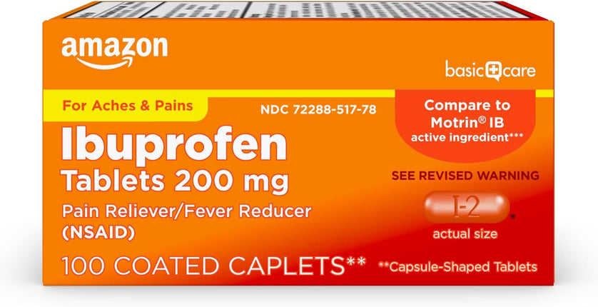 Amazon Basic Care Ibuprofen Tablets 200 mg, Pain Reliever/Fever Reducer, 100 Count