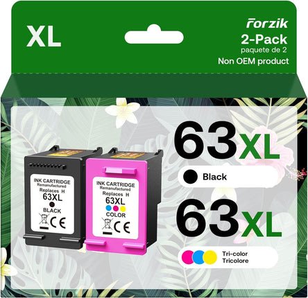 Forzik Remanufactured Ink Cartridges Replacement for HP Ink 63 63XL Works with DeskJet 1110 2130 3630 Envy 4510 4520 OfficeJet 3830 4650 5220 Printer(1Black,1Color,2 Pack)