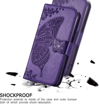 HAOTP for Samsung Galaxy S9 Phone Case Wallet,Women Flip Folio Cover Galaxy S9 Credit Card Holders Emboss Butterfly Flower PU Leather Purse Wrist Strap Kickstand Case for Samsung Galaxy S9 Purple