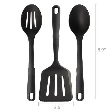 Mainstays 3-Piece Kitchen Utensil Set, Slotted Spatula, Slotted Spoon and Solid Spoon, Black, Nylon