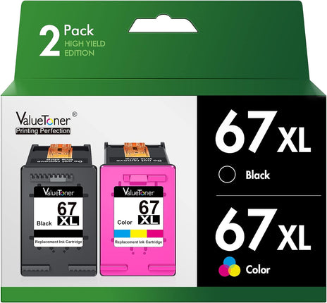 Valuetoner Ink Cartridges Replacement Compatible for HP 67 Ink cartridges Black/Color Combo Pack 67XL for Envy 6055 6055e 6052 6455e 6452 6458 DeskJet 2755e 2700 2752 2755 4152 4155 4155e 4158 2-Pack