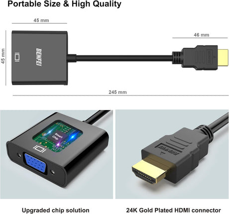 Moread HDMI to VGA, Gold-Plated HDMI to VGA Adapter (Male to Female) for Computer, Desktop, Laptop, PC, Monitor, Projector, HDTV, Chromebook, Raspberry Pi, Roku, Xbox and More - Black