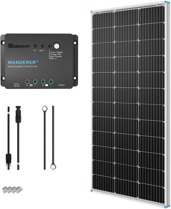 Renogy 100 Watt 12 Volt Solar Panel Starter Kit with 100W Monocrystalline Solar Panel + 30A PWM Charge Controller + Adaptor Kit + Tray Cables + Mounting Z Brackets for RV Boats Trailer Off-Grid System