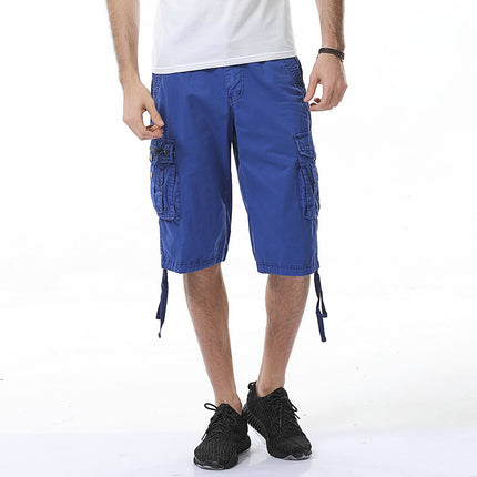 Summer Multi-pocket Solid Color Loose Casual Cargo Shorts for Men (Color:Sapphire Blue)