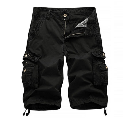 Summer Multi-pocket Solid Color Loose Casual Cargo Shorts for Men (Color:Black)