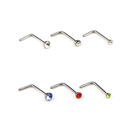 Color Mixed Diamond Shape Stainless Steel Nose Stud Rings L Shaped Piercing Jewelry,Pin Length: 7mm, pin diameter: 0.6mm (White)