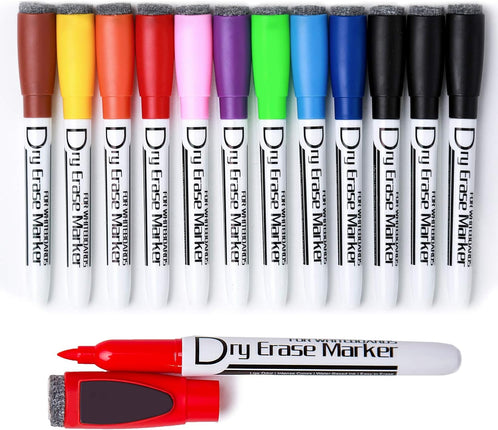 Volcanics Magnetic Dry Wipe Pens Dry Erase Markers With Eraser Cap Low Odor Fine Tip Whiteboard Pens Pack of 12,10Colors