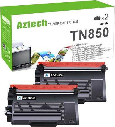 Aztech Compatible Toner Cartridge Replacement for Brother TN 850 TN850 TN-850 TN820 TN-820 HL-L6200DW MFC-L5850DW MFC-L5900DW MFC-L5700DW HL-L5200DW MFC-l5800DW Printer Ink High Yield (Black, 2-Pack)