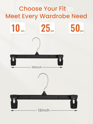 HOUSE DAY Black Pants Hangers, 12 Inch Skirt Hangers with Non-Slip Big Clips and 360° Swivel Hook, HeavyDuty Slim Plastic Pants Hangers, Space Saving Clip Hangers for Pants, Skirts, Short