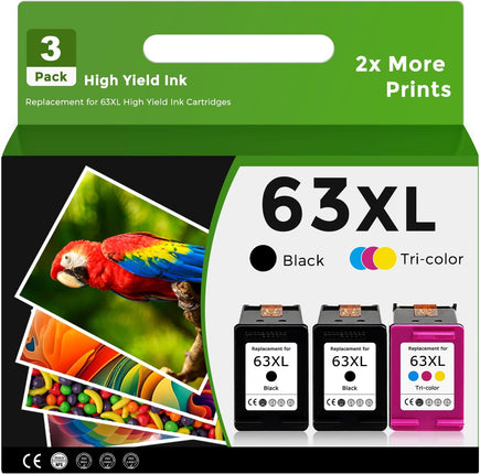 Relcolor Remanufactured Ink Cartridge Replacement for HP 63XL 63 XL (2 Black and 1 Color 3-Pack) Work with 38304650 4652 4655 5200 5252 5255 5258 4520 4512 1112 2132 3630 3632 Printer