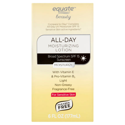 Equate All Day Moisturizing Sunscreen Lotion for Sensitive Skin, Broad Spectrum SPF 15, 6 fl oz
