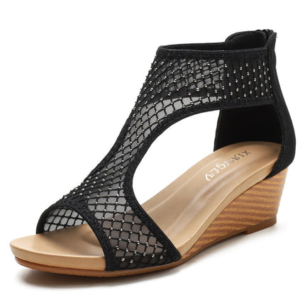 Ladies Summer Sandals All-Match Casual Mesh Thick Sole Wedge Heel Shoes, Size: 40(Black)