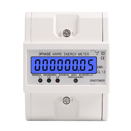 SINOTIMER Three-Phase Backlight Display Rail Type Electricity Meter 5-100A 400V(DDS024 White Shell)