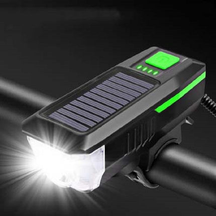 Bicycle Solar Headlight Horn Light Night Riding USB Charging Headlight Bicycle Glare Flashlight Equipment(Green)