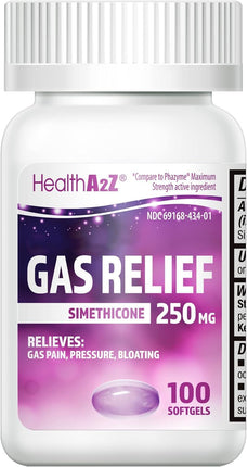 HealthA2Z® Gas Relief Simethicone 250mg | Fast Gas Relief | Relieve Symptoms Naturally (100 Softgels (Pack of 1)