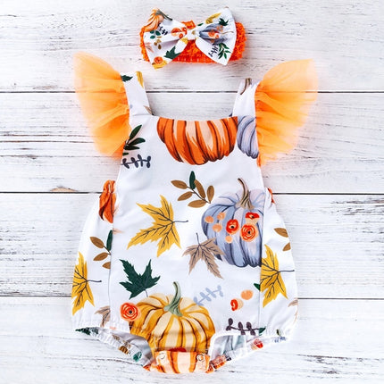 Baby Sleeveless Pumpkin Print Romper Jumpsuit (Color:Yellow)