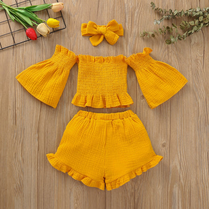 Girls One-shoulder Pleated Flared Sleeve Shorts Three-piece Suit