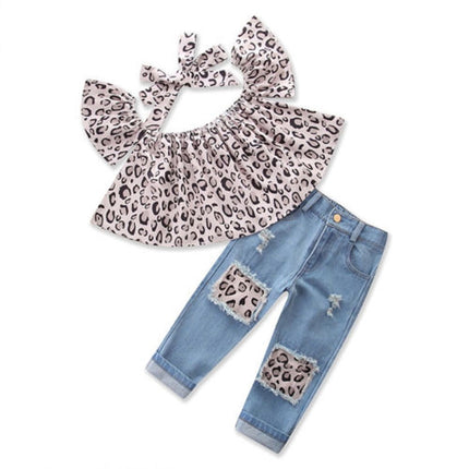 Girls Leopard Print Tube top + Denim Trousers + Hair Band Set, Kid(Leopard)