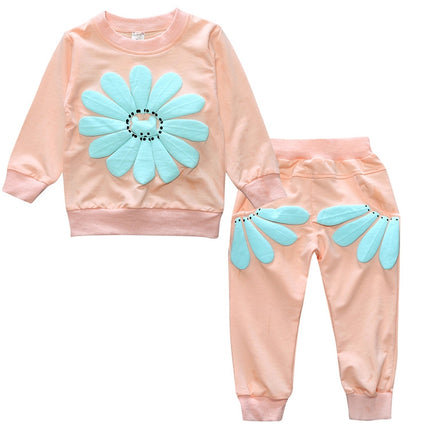 Spring and Autumn Girls Sun Flower Pattern Long Sleeve Top + Pants Set