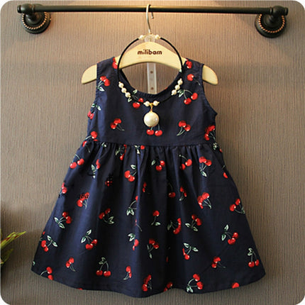 Summer Girls Cherry Pattern Sleeveless Dress, Kid(Navy Blue)