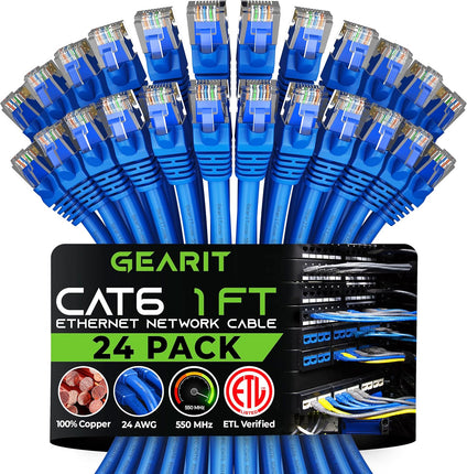 GearIT Cat 6 Ethernet Cable 1 ft (24-Pack) - Cat6 Patch Cable, Cat 6 Patch Cable, Cat 6 Cable, Cat6 Ethernet Cable, Network Cable, Internet Cable for Personal Computer - Blue 1 Foot