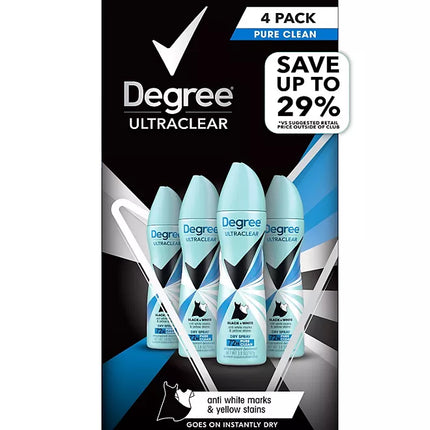 Degree for women black and white dry spray antiperspirant & deodorant, pure clean (3.8oz., 4pk.)