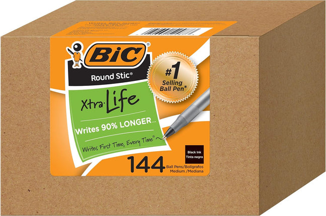 BIC Round Stic Xtra Life Blue Ballpoint Pens, Medium Point (1.0mm), 144-Count Pack of Bulk Pens, Flexible Round Barrel for Writing Comfort, No. 1 Selling Ballpoint Pens