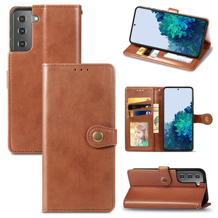 For Samsung Galaxy S21 Plus 5G Retro Solid Color Leather Buckle Phone Case with Lanyard & Photo Frame & Card Slot & Wallet & Stand Function