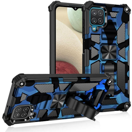 For Samsung Galaxy A12 Camouflage Armor Shockproof Protective Case with Holder(Dark Blue)