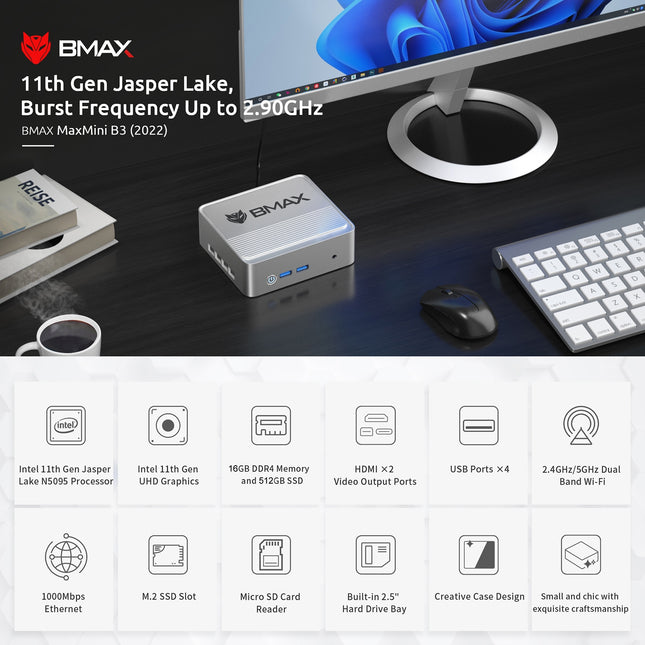 BMAX B3 2022 Windows11 Mini PC, 16GB+512GB, IntelJasperLake N5095, Support HDMI / RJ45 / TF Card
