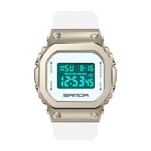 SANDA  LED Digital Display Square Dial Sports Electronic Watch for Men and Women(White Gold)