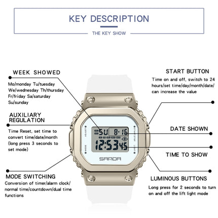 SANDA  LED Digital Display Square Dial Sports Electronic Watch for Men and Women(White Gold)