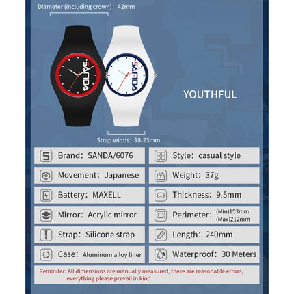 SANDA  Simple Scale Round Dial Ladies Silicone Strap Quartz Watch(White Blue Vertical Mark)