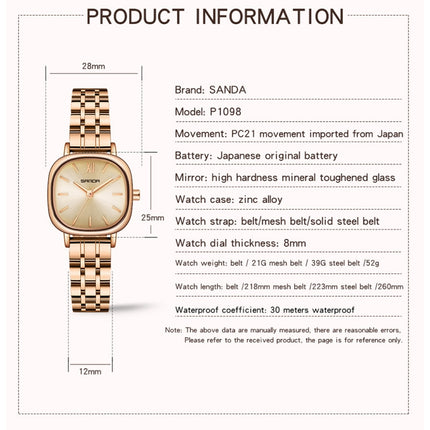 SANDA P1098 Simple Bar Scale Oval Dial Quartz Watch for Women(Mesh Belt Rose Gold)