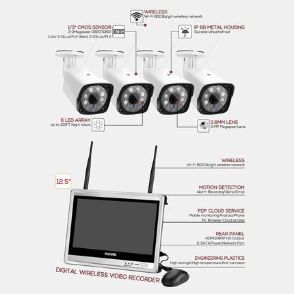 N4B3H2-P12/Kit 1080P Wireless Network Video Recorder  System :12.5 inch(White)