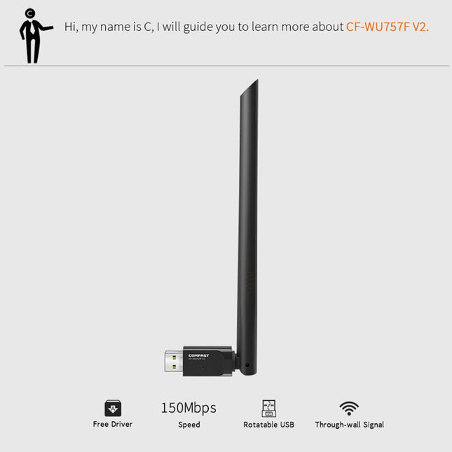 COMFAST CF-WU757F 150Mbps WirelessUSB 2.0 Free Driver WiFi Adapter 6dB External Antenna