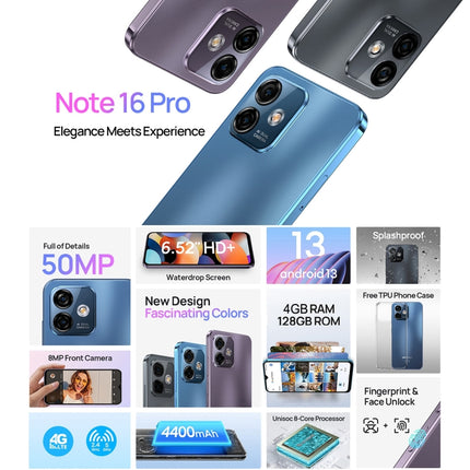 Ulefone Note 16 Pro, 4GB+128GB, Dual Back Cameras, Face ID & Side Fingerprint Identification, (Blue)