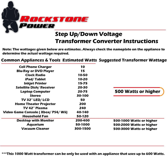 ROCKSTONE POWER 1000 Watt Voltage Converter Transformer