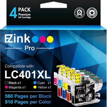E-Z Ink Pro LC401 Compatible Ink Cartridges Replacement for Brother LC401XL LC 401 XL to use with MFC-J1010DW MFC-J1012DW MFC-J1170DW (Black Cyan Magenta Yellow, 4 Pack)