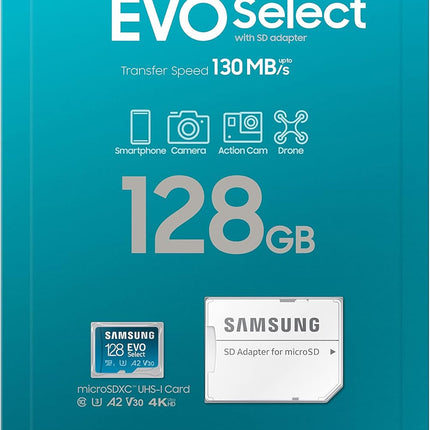 SAMSUNG EVO Select Micro SD-Memory-Card + Adapter, 128GB microSDXC 130MB/s