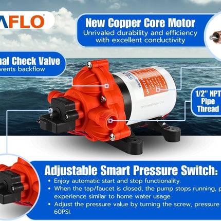 SEAFLO Water Diaphragm Self Priming Pump 3.0 Gallons/min (10.6 Lpm) 45 PSINew Rv/Marine 12 Volt Dc / 12 V Demand Fresh